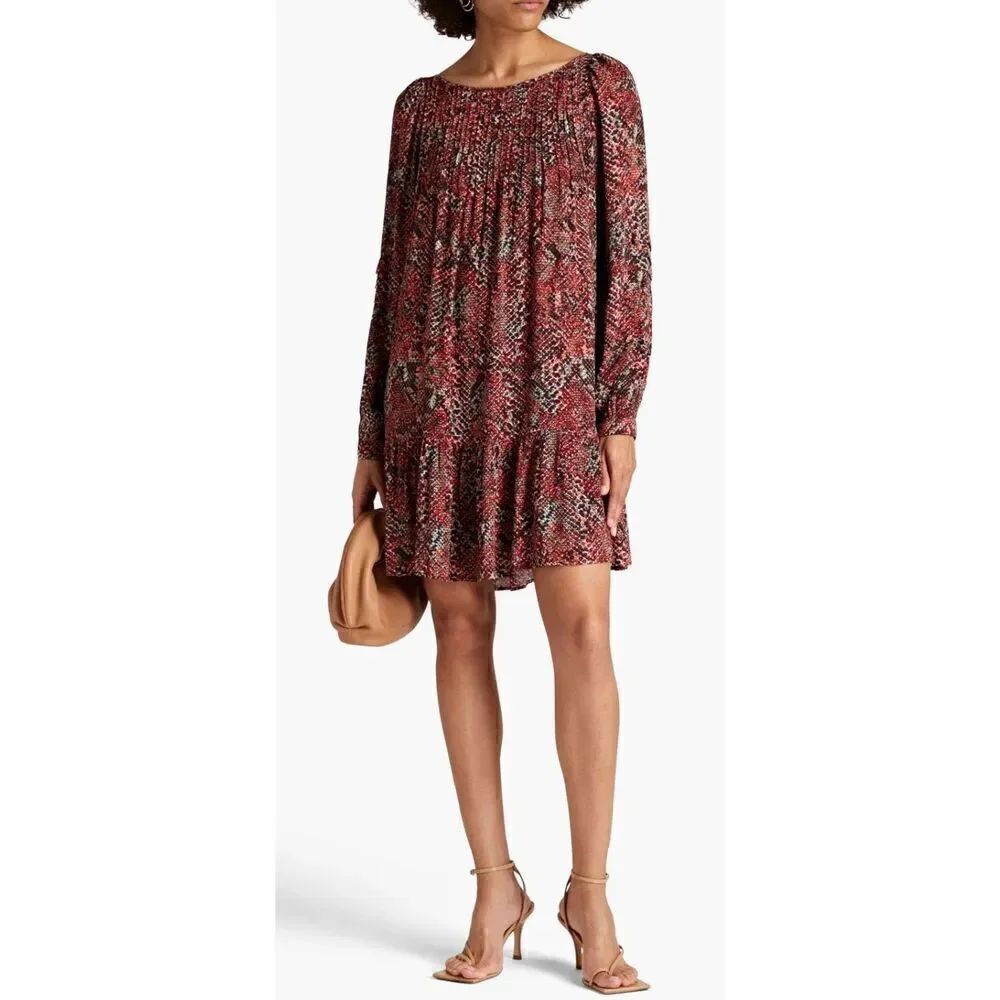 NICHOLAS Devan gathered snake-print crepe mini dress in Burgundy NWT Size 4